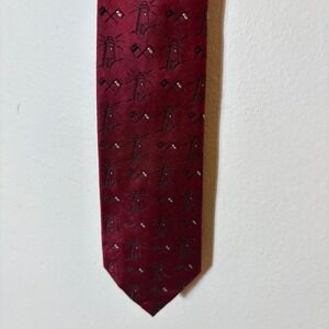 Vintage Christian Dior Silk Tie Mens Burgundy Red Lighthouse Nautical Maritime